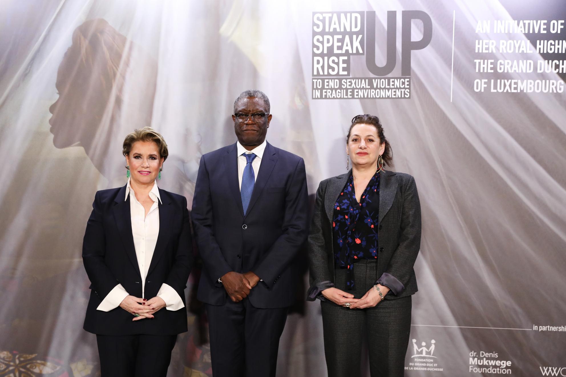 De g. à dr.: S.A.R. la Grande-Duchesse, Dr Denis Mukwege, Prix Nobel de la Paix 2018; Céline Bardet, fondatrice de "We are not Weapons Of War".
